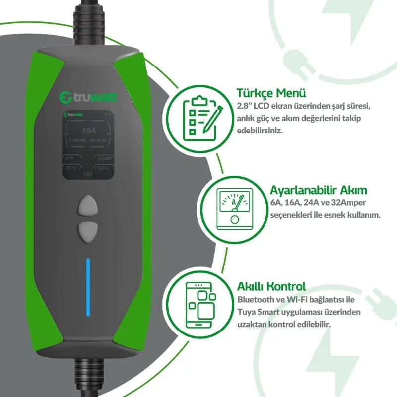 TRUWATT 7kW 32A Monofaz Tip-2 ŞARJ ÜNİTESİ