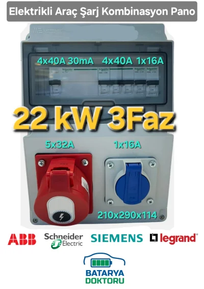 Elektrikli Araç Kombinasyon Panosu 22kW Trifaz